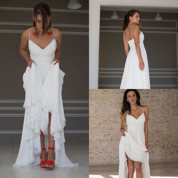 fashion high low beach wedding dresses spaghetti straps front short back long asymmetrical chiffon boho wedding dress cross back, White 
fashion high low beach wedding dresses spaghetti straps front short back long asymmetrical chiffon boho wedding dress cross back, White