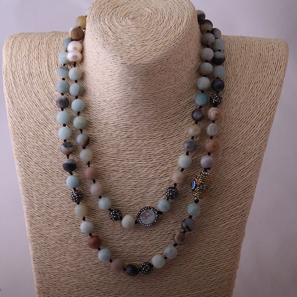 fashion blue green amazonite beads halsband handmake black crystal paved natural stone necklace, Silver
fashion blue green amazonite beads halsband handmake black crystal paved natural stone necklace, Silver