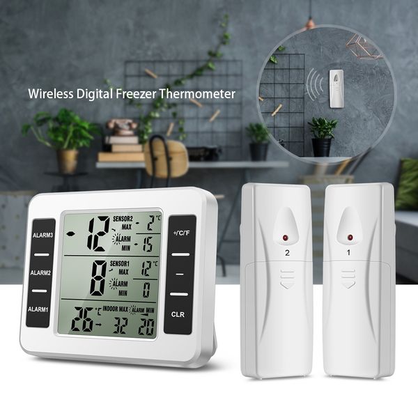 refrigerator thermometer, wireless digital er thermometer with 2 wireless sensors, audible alarm, min and max record, lcd display
refrigerator thermometer, wireless digital er thermometer with 2 wireless sensors, audible alarm, min and max record, lcd display
