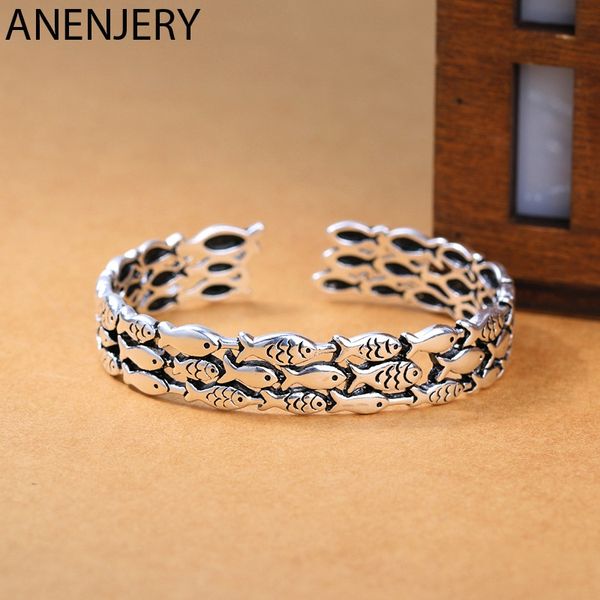 anenjery vintage stackable fish thai silver bangle bracelet 925 sterling silver open cuff bangle for women men gifts s-b276, Black 
anenjery vintage stackable fish thai silver bangle bracelet 925 sterling silver open cuff bangle for women men gifts s-b276, Black