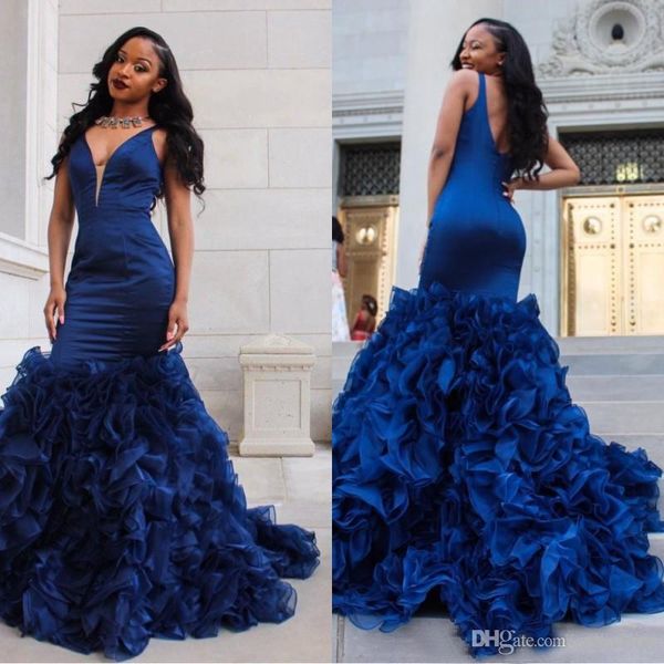 2019 royal blue prom dresses deep v neck ruffle organza tiered skirt mermaid evening gowns formal african party gown maxi dress, Black
2019 royal blue prom dresses deep v neck ruffle organza tiered skirt mermaid evening gowns formal african party gown maxi dress, Black