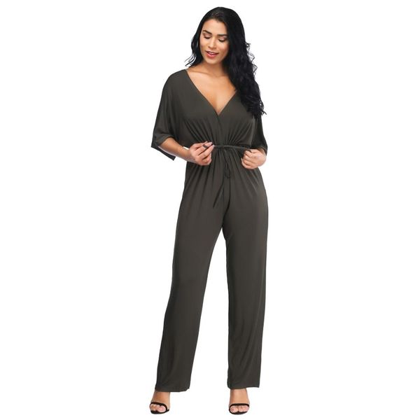 women v collar loose jumpsuit short sleeve drawstring pants suits solid plus size long rompers, Black;white
women v collar loose jumpsuit short sleeve drawstring pants suits solid plus size long rompers, Black;white