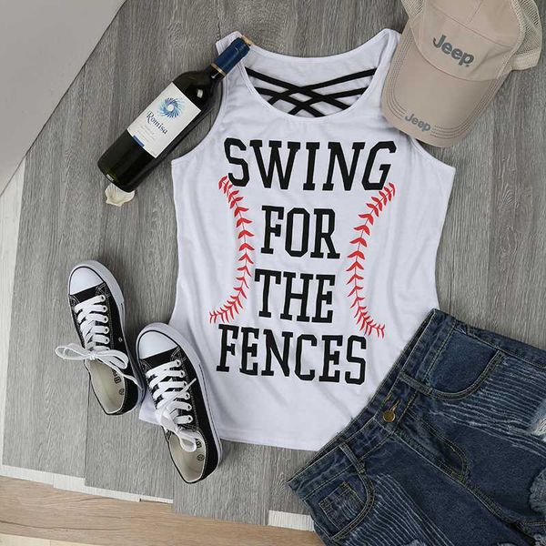 fashion women tank baseball swing for the fences criss-cross letter print tank casual lady, White 
fashion women tank baseball swing for the fences criss-cross letter print tank casual lady, White