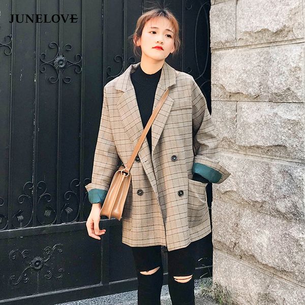 junelove autumn classic plaid double breasted vintage women jacket blazer notched collar female suits coat houndstooth outwear, White;black
junelove autumn classic plaid double breasted vintage women jacket blazer notched collar female suits coat houndstooth outwear, White;black