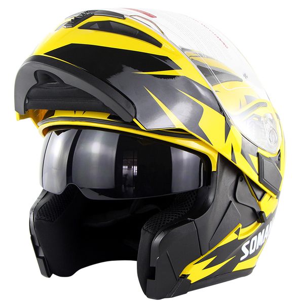 

motorcycle full face helmet biker casque moto yellow abs motocross helmet capacete dual lens ece flip up casco moto