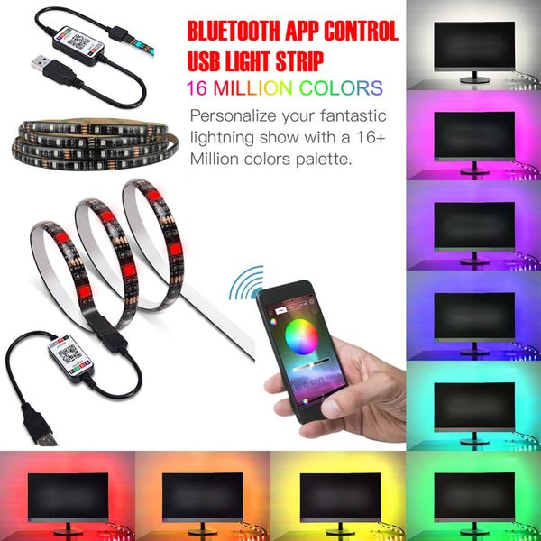 

led strip lights, bluetooth app control sync to music waterproof tv backlight rgb 5050 strips usb for 24-60 inch, bias lighting