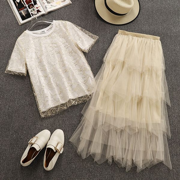 patchwork mesh lace sequins t-shirts+mesh sweet cake long skirts 2-pieces sets young fashion female students all-match, White
patchwork mesh lace sequins t-shirts+mesh sweet cake long skirts 2-pieces sets young fashion female students all-match, White