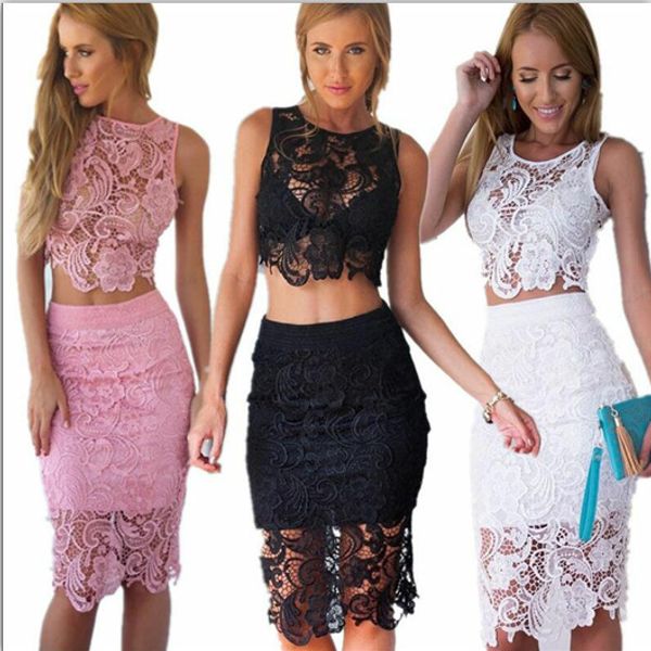 2019 spring summer new european and american women's lace two-piece set slim solid office club party occasion, White
2019 spring summer new european and american women's lace two-piece set slim solid office club party occasion, White