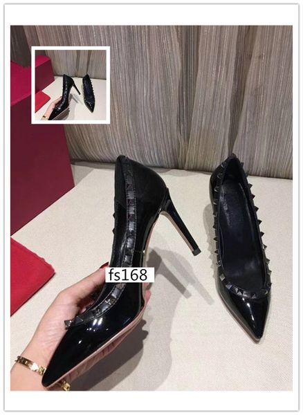 luxury patent leather women pointed toe studs pumps rivet stiletto high-heeled shoes with box, Black