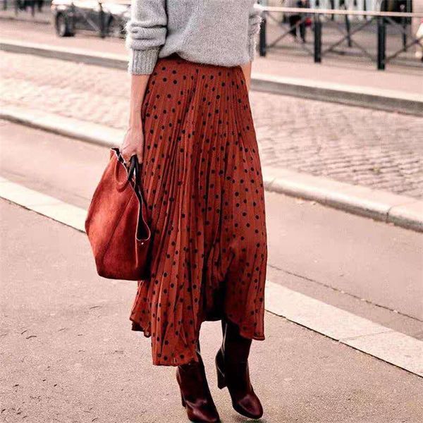 women skirt retro polka dot caramel pleated long skirt, Black