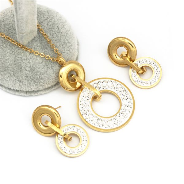 

fashion round red bule white zircon gold color stainless steel jewelry sets for women necklace earrings wedding jewellery set, Silver