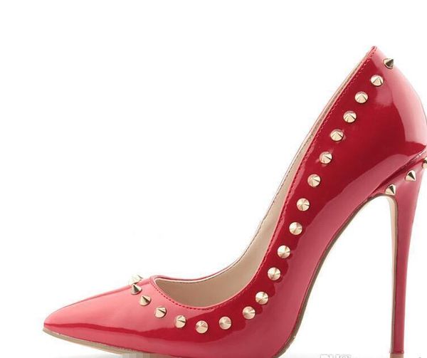 women high heels shoes rivets purple patent heels lady wedding shoes lred bottom high heels shoes+logo+box #9027, Black