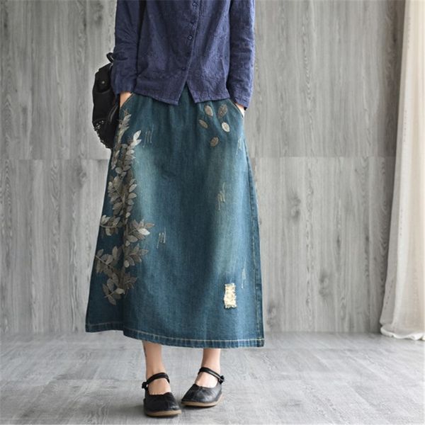 vintage denim skirt women spring cotton leaves embroidery midi a-line skirt elastic waist elegant jeans feminino ds50522, Black
vintage denim skirt women spring cotton leaves embroidery midi a-line skirt elastic waist elegant jeans feminino ds50522, Black