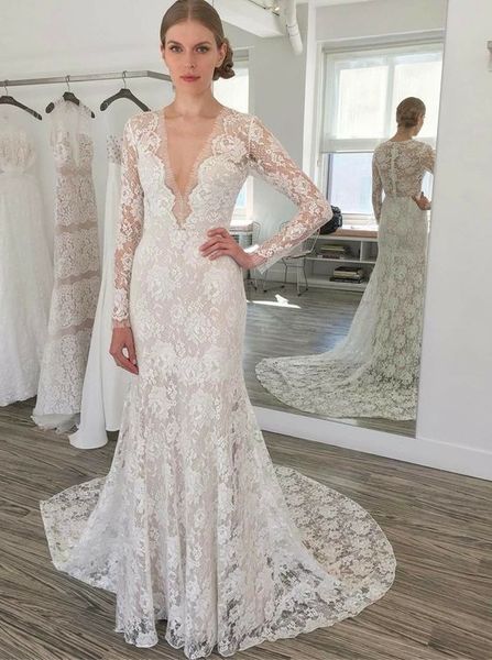 deep v neck lace wedding gown dresses with long illusion sleeves hollow back designer wedding bridal gowns plus size, White
deep v neck lace wedding gown dresses with long illusion sleeves hollow back designer wedding bridal gowns plus size, White