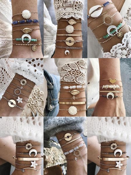 bracelet set white flower moon circle charm and green blue bead alloy shell leaf sun gold color plated metal chain, Golden;silver
bracelet set white flower moon circle charm and green blue bead alloy shell leaf sun gold color plated metal chain, Golden;silver