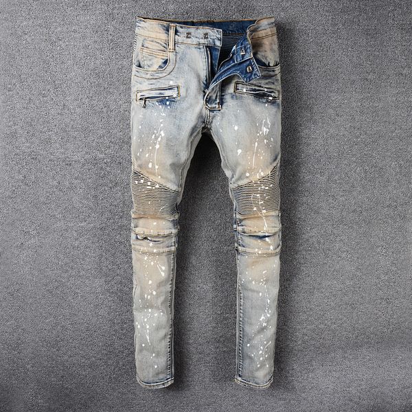 

fashion streetwear men jeans retro wash slim fit size big 28-42 spliced designer hip hop jeans men cargo pants motor biker, Blue