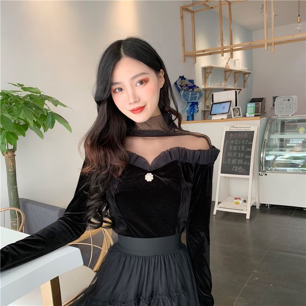 elegant vintage new korea women's clothing fashion thin turtleneck long sleeve mesh patchwork diamonds lace velvet blouses shirt, White
elegant vintage new korea women's clothing fashion thin turtleneck long sleeve mesh patchwork diamonds lace velvet blouses shirt, White