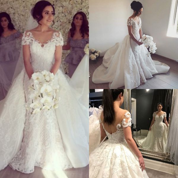 2019 lace mermaid wedding dresses with detachable train short sleeve beads appliques 3d floral backless bridal gowns vestidos de novia sexy, White
2019 lace mermaid wedding dresses with detachable train short sleeve beads appliques 3d floral backless bridal gowns vestidos de novia sexy, White