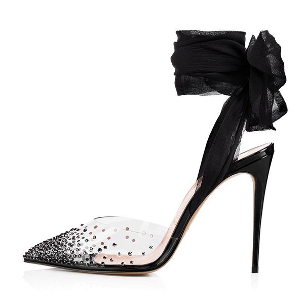 pointed toe wedding party shoes chiffon ankle wrapped rhinestones slingbacks transparent pvc high heel pumps crystal clear heels, Black
pointed toe wedding party shoes chiffon ankle wrapped rhinestones slingbacks transparent pvc high heel pumps crystal clear heels, Black
