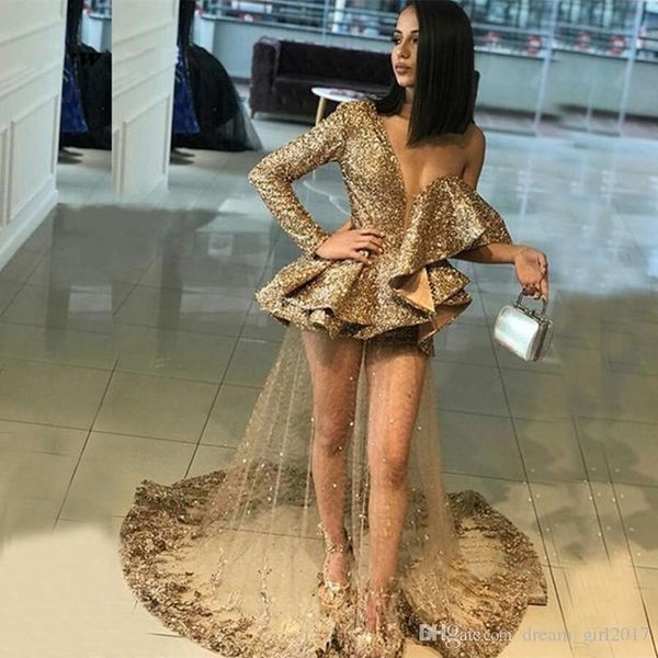 gold sheath prom dresses sequins long sleeves ruffles one shoulder tulle appliques see through party dresses evening pageant gowns, Black
gold sheath prom dresses sequins long sleeves ruffles one shoulder tulle appliques see through party dresses evening pageant gowns, Black