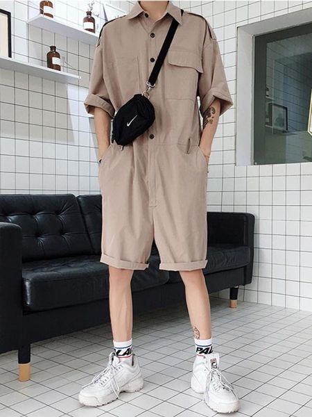 men's pants summer fashion overalls knee length casual solid loose short sleeve buttons front thin a6, Black
men's pants summer fashion overalls knee length casual solid loose short sleeve buttons front thin a6, Black