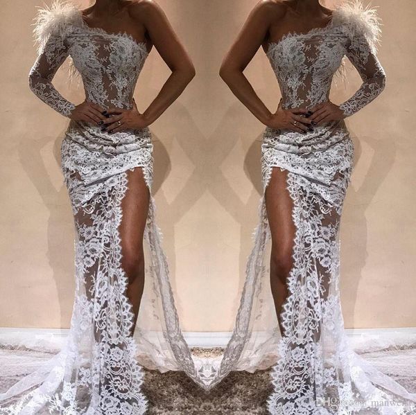 white full lace mermaid evening dresses side split 2020 one shoulder see through feather prom pageant celebrity gowns arabic, Black;red 
white full lace mermaid evening dresses side split 2020 one shoulder see through feather prom pageant celebrity gowns arabic, Black;red