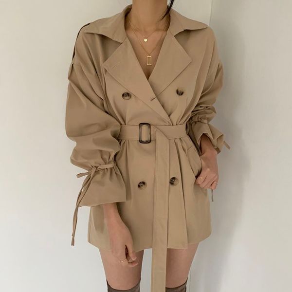women's double-breasted trench coat with belt spring female short jackets and coats fashion string flare sleeve chic trench, Tan;black
women's double-breasted trench coat with belt spring female short jackets and coats fashion string flare sleeve chic trench, Tan;black