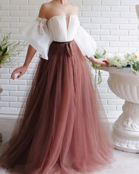 2020 brown a line tulle off shoulder formal evening dress white simple prom dresses plus size party gala gowns, Black;red
2020 brown a line tulle off shoulder formal evening dress white simple prom dresses plus size party gala gowns, Black;red