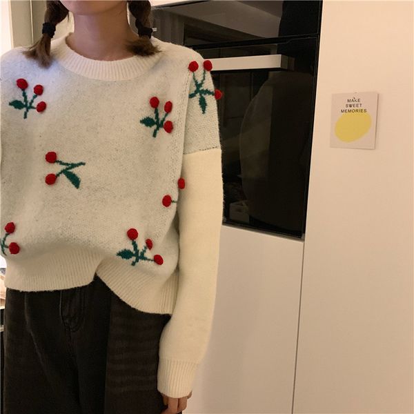 winter knitting loose sweater women crew neck long sleeve embroidery cherry sweater winter clothes women korean sale, White;black
winter knitting loose sweater women crew neck long sleeve embroidery cherry sweater winter clothes women korean sale, White;black