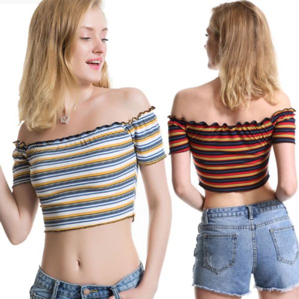 red/yellow fashion new women slim striped off shoulder t-shirt cropped casual ladies short sleeve summer casual tee, White
red/yellow fashion new women slim striped off shoulder t-shirt cropped casual ladies short sleeve summer casual tee, White