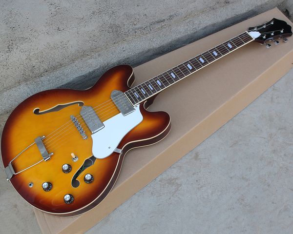 red brown semi-hollow jazz electric guitar with iron p90 pickups,white binding body/neck,offering customized services
red brown semi-hollow jazz electric guitar with iron p90 pickups,white binding body/neck,offering customized services