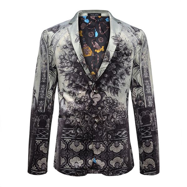 new arrival peacock print blazer fashion slim fit cotton masculino blazers suit jacket coat stage clothes, White;black
new arrival peacock print blazer fashion slim fit cotton masculino blazers suit jacket coat stage clothes, White;black
