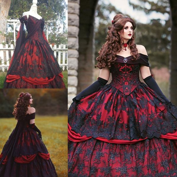 2020 gothic wedding dresses a line lace appliqued off the shoulder country bridal gowns sweep train custom made vintage vestidos de novia, White 
2020 gothic wedding dresses a line lace appliqued off the shoulder country bridal gowns sweep train custom made vintage vestidos de novia, White