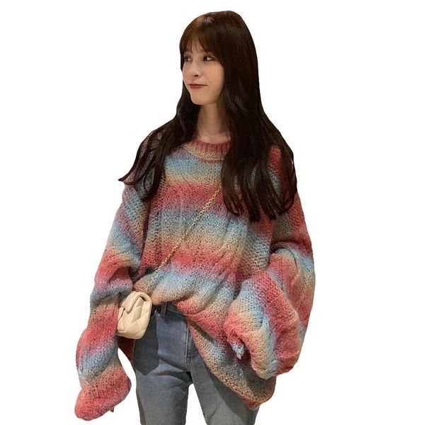 new women's gradient rainbow color round neck bat sleeve loose sweater, White;black
new women's gradient rainbow color round neck bat sleeve loose sweater, White;black