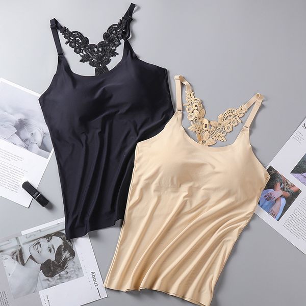 women sleeveless ice silk no trace slim backless cami lace underwear built in bra padded tank basic shirts, Black;white
women sleeveless ice silk no trace slim backless cami lace underwear built in bra padded tank basic shirts, Black;white