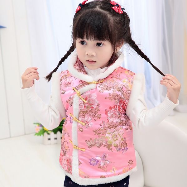 

kid girls winter autumn chinese style waistcoats children sleeveless jacket clothe outwear baby coat vest, Blue