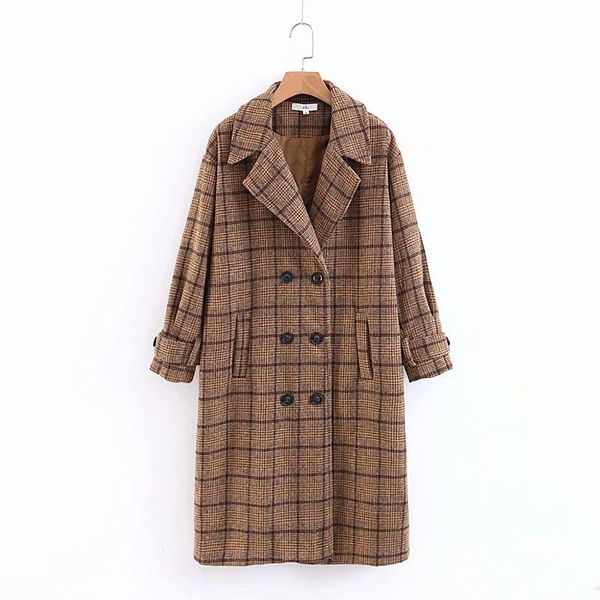 women-s autumn-winter vintage plaid long coats ladies khaki double button slim tweed blends jackets girls elegant green outwear, Black
women-s autumn-winter vintage plaid long coats ladies khaki double button slim tweed blends jackets girls elegant green outwear, Black