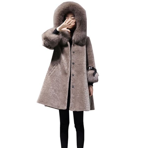 winter jacket women sheep wool shearing thick warm coats fashion hoody large fur collar overcoat plus size loose outwear q235, Black 
winter jacket women sheep wool shearing thick warm coats fashion hoody large fur collar overcoat plus size loose outwear q235, Black