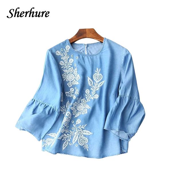 2018 spring shirts women floral embroidery three quarter sleeve o-neck women tencel denim shirts femme blouse blusa loose, White
2018 spring shirts women floral embroidery three quarter sleeve o-neck women tencel denim shirts femme blouse blusa loose, White