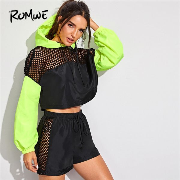 

romwe sporty neon fishnet insert jacket withtie front shorts 2piece set women fitness jogging maching set long sleeve sportswear, Black;blue