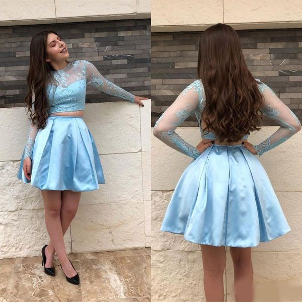 chic long sleeve two piece sky blue homecoming dresses illusion open back satin lace short prom cocktail dress, Blue;pink
chic long sleeve two piece sky blue homecoming dresses illusion open back satin lace short prom cocktail dress, Blue;pink