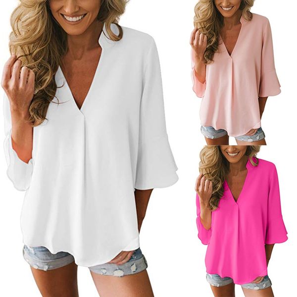 2019 summer fashion women's three quarter sleeve ladies clothing casual loose solid v neck chiffon shirt camisa renda blusa, White
2019 summer fashion women's three quarter sleeve ladies clothing casual loose solid v neck chiffon shirt camisa renda blusa, White