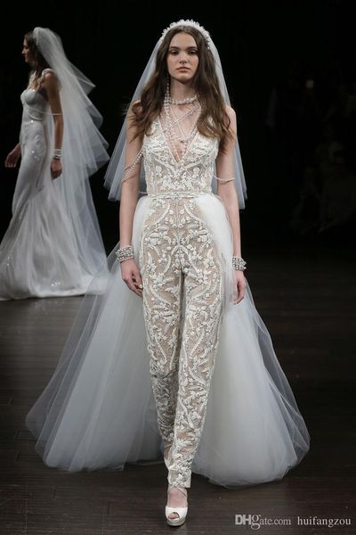 modest a line wedding dress jumpsuit with removable train 3d floral lace deep v neck illusion bridal gowns custom made, White
modest a line wedding dress jumpsuit with removable train 3d floral lace deep v neck illusion bridal gowns custom made, White