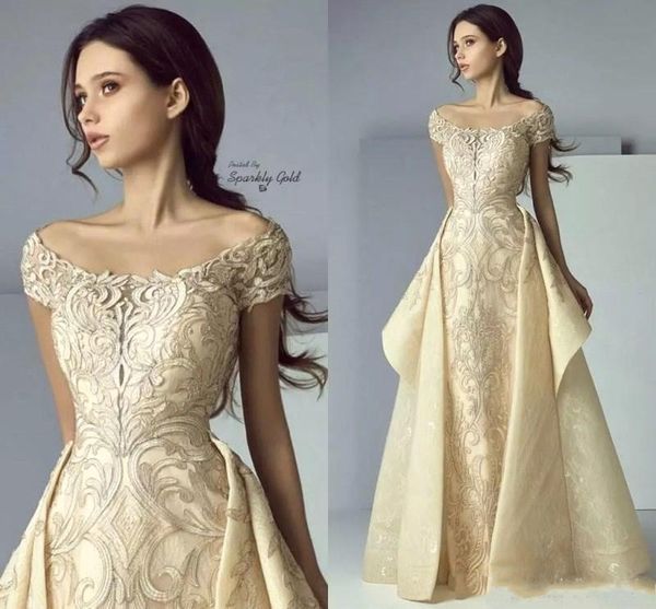 Sexy Off the Shoulder Gold Evening Dresses 2019 Short Capped Sleeves with Overskirts Floor Length Full Appliqued Formal Prom Gowns
Sexy Off the Shoulder Gold Evening Dresses 2019 Short Capped Sleeves with Overskirts Floor Length Full Appliqued Formal Prom Gowns