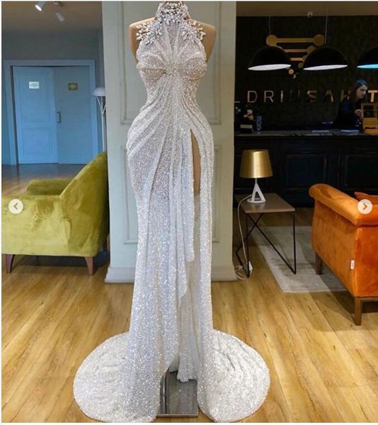 long mermaid prom dresses 2020 new sleeveless high neck applique sweep strain sequined formal evening dress party gowns, White;black
long mermaid prom dresses 2020 new sleeveless high neck applique sweep strain sequined formal evening dress party gowns, White;black