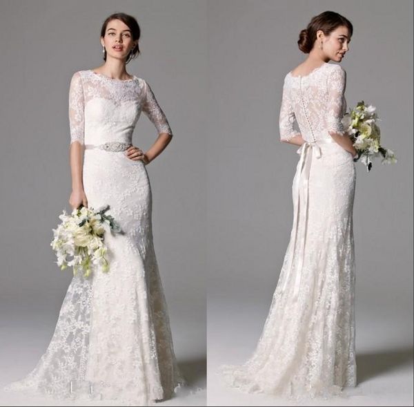 1/2 sleeve lace mermaid wedding dresses with beaded sash illusion jewel neck floor lenth bridal gown beach vestido de novia, White
1/2 sleeve lace mermaid wedding dresses with beaded sash illusion jewel neck floor lenth bridal gown beach vestido de novia, White