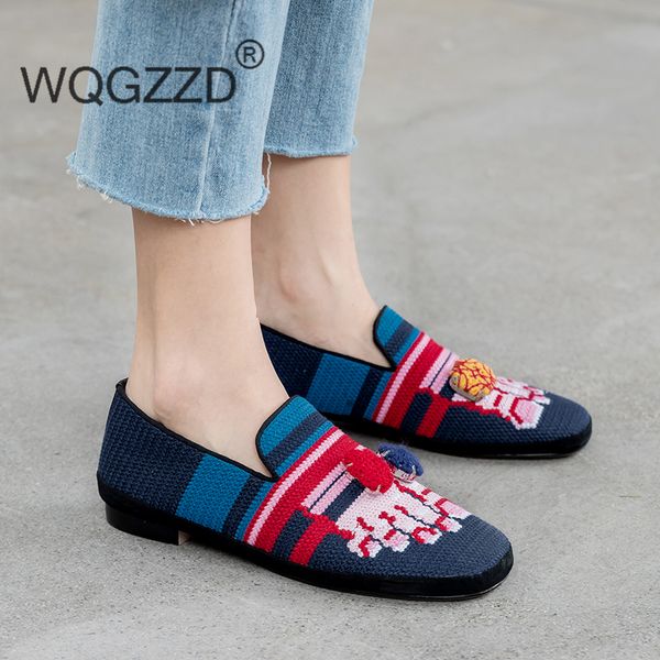 european stylish women shoes knitting loafers flat shoes women casual ladies, Black