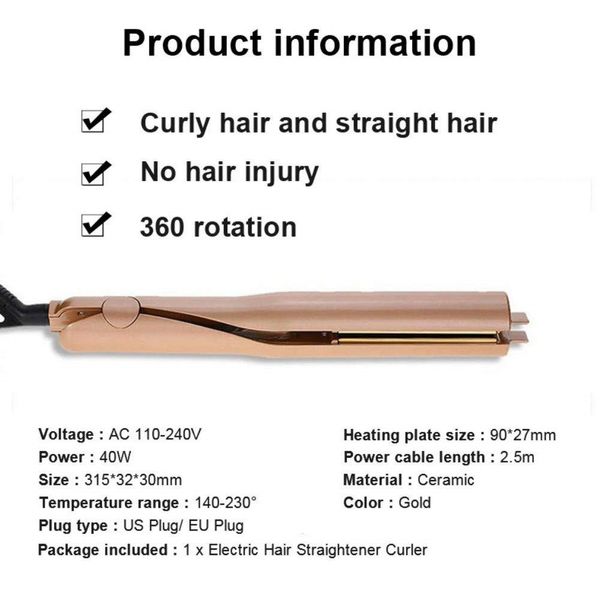 professional hair straightener flat iron 2 in 1 gold twist hair curling & straightening electric hair curler curling irons wand, Black 
professional hair straightener flat iron 2 in 1 gold twist hair curling & straightening electric hair curler curling irons wand, Black