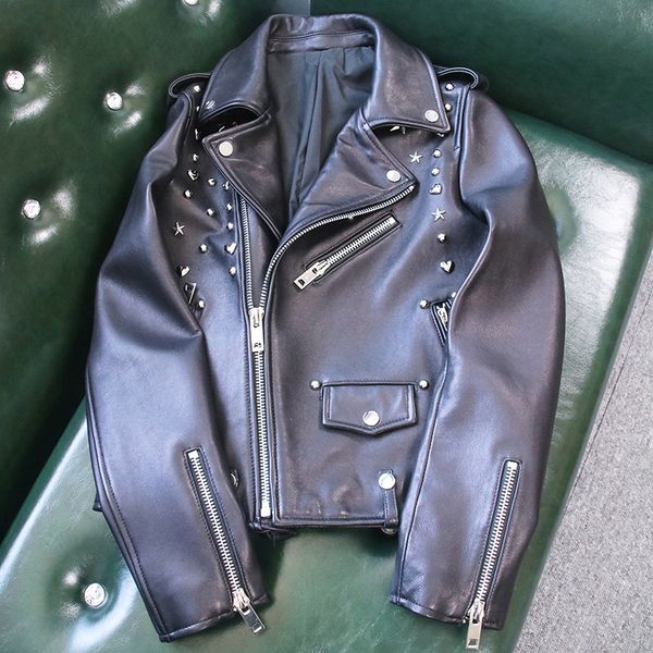 new real 100% leather star of big shop sign with autumn version heavy rivet locomotive love star brief paragraph coat female, Black
new real 100% leather star of big shop sign with autumn version heavy rivet locomotive love star brief paragraph coat female, Black