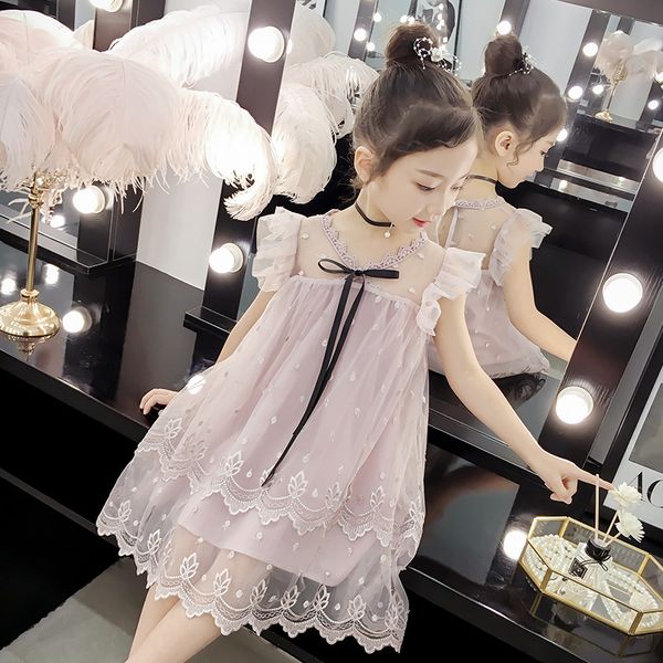 Girls Summer Dress 2020 New Children's Clothing Net Big Boy Korean Girl Black Ribbon Lace 4-12 Years Old Vestidos De Verano